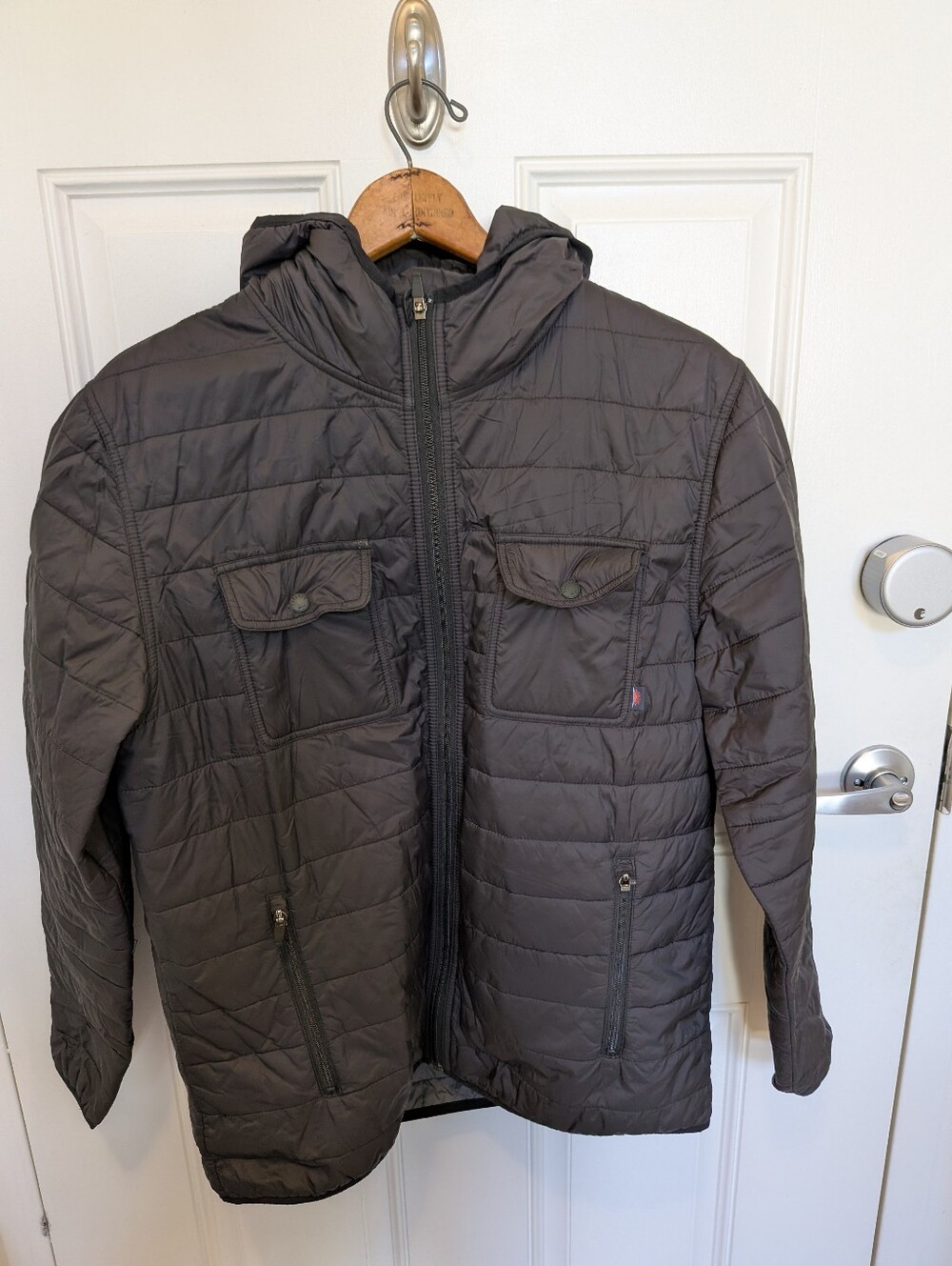 Faherty Men Black Puffer Jacket Hooded Full Zip Outerwear Size L